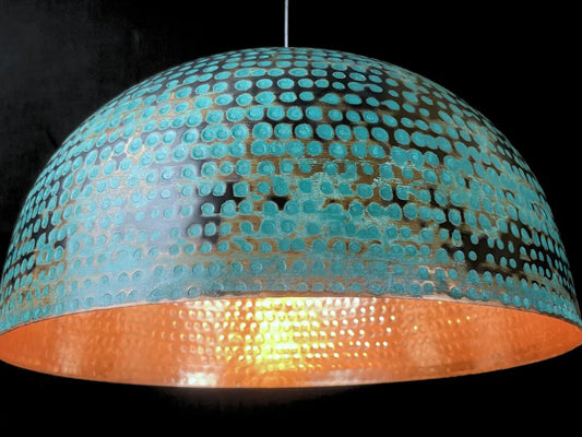 Turquoise patina copper pendant light - handmade kitchen island lighting - oxidized dome lamp - blue patina lamp - rustic dome lamp