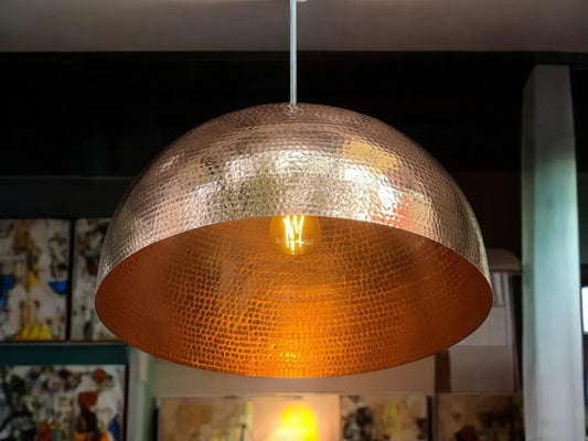 Solid copper dome pendant light - oxidized copper ceiling light fixture for kitchen and dining room - hand-hammered pendant light