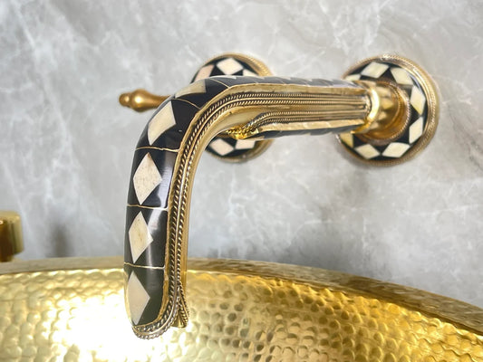Handcrafted Wall Mounted Resin & Brass Faucet, Bathroom Gooseneck Wall Faucet With Traditional Handles