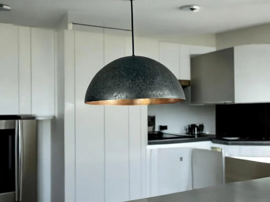Handmade black patina dome pendant light - pure copper hanging lamp for modern and vintage interiors - custom dome lighting fixture