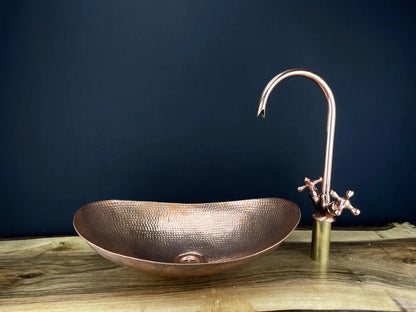 Artisan hand-hammered copper oval vessel sink - unlacquered bathroom basin with natural patina - copper vessel sink with copper faucet set