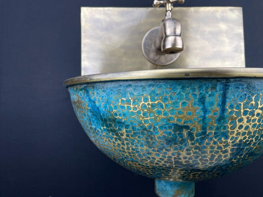 Handcrafted brass wall-mounted sink - artisan bathroom basin - blue patina brass basin with faucet for stylish interiors