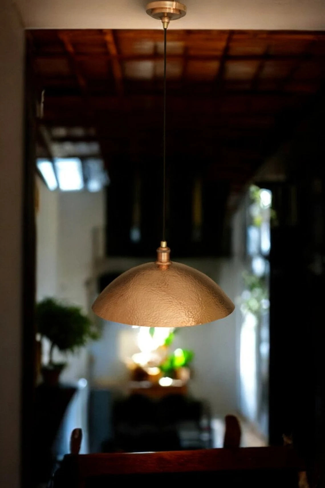 Hammered solid copper dome pendant light - oxidized copper ceiling light fixture for kitchen and dining room