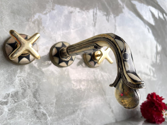 Wall Mounted Faucet For Bathroom, Unlacquered Brass Wall Mount Resin Bones Conception Plate Bathroom Faucets With Flat Cross Handles