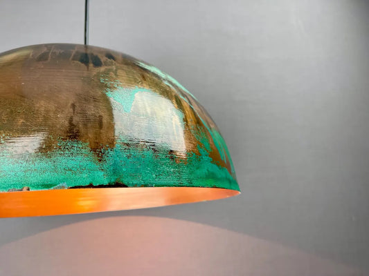 Green patina copper dome pendant light - oxidized turquoise patina with copper interior - modern kitchen island light - vintage hanging lamp