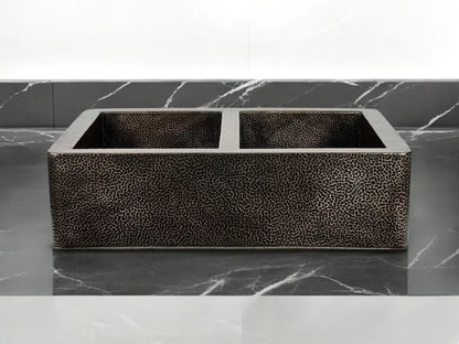 Farmhouse copper kitchen sink - antique hammered apron kitchen sink with dark finish - double sink copper farmhouse decor