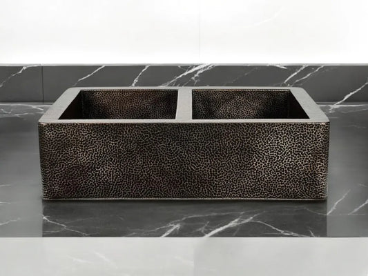 Farmhouse copper kitchen sink - antique hammered apron kitchen sink with dark finish - double sink copper farmhouse decor