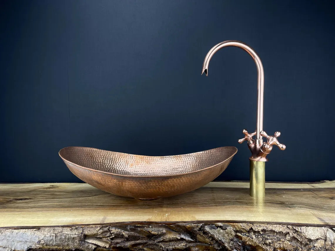 Artisan hand-hammered copper oval vessel sink - unlacquered bathroom basin with natural patina - copper vessel sink with copper faucet set
