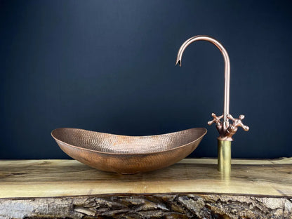 Artisan hand-hammered copper oval vessel sink - unlacquered bathroom basin with natural patina - copper vessel sink with copper faucet set