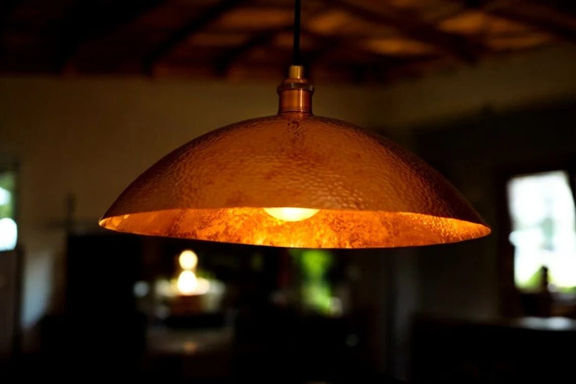 Hammered solid copper dome pendant light - oxidized copper ceiling light fixture for kitchen and dining room