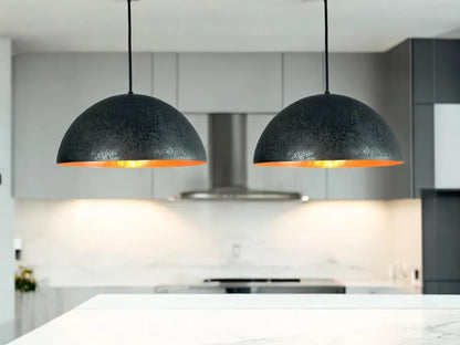 Handmade black patina dome pendant light - pure copper hanging lamp for modern and vintage interiors - custom dome lighting fixture
