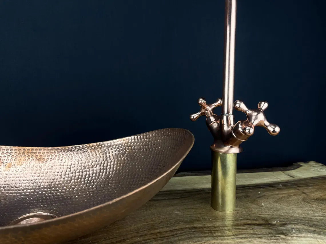 Artisan hand-hammered copper oval vessel sink - unlacquered bathroom basin with natural patina - copper vessel sink with copper faucet set