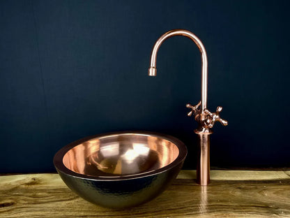 Black hammered copper vessel sink with copper faucet set - handmade black copper basin with matching copper two-handle faucet