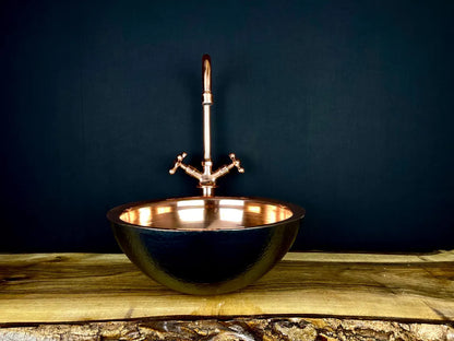Black hammered copper vessel sink with copper faucet set - handmade black copper basin with matching copper two-handle faucet