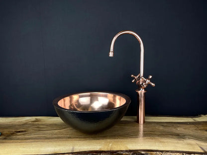 Black hammered copper vessel sink with copper faucet set - handmade black copper basin with matching copper two-handle faucet