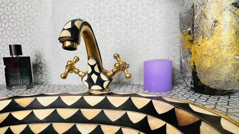 Brass Bathroom Faucet with Bone & Resin Accents - Unlacquered Mixer Tap with Sink