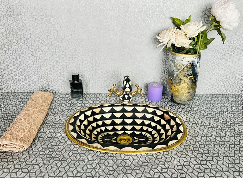 Brass Bathroom Faucet with Bone & Resin Accents - Unlacquered Mixer Tap with Sink