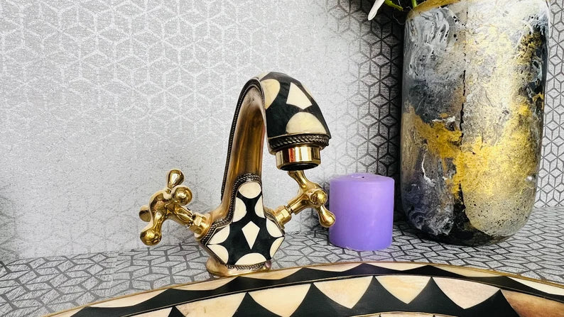 Brass Bathroom Faucet with Bone & Resin Accents - Unlacquered Mixer Tap with Sink
