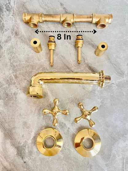 Handcrafted Brass Wall Mount Bathroom Faucet | Cross Handle Design | Unlacquered Finish | 8" Standard