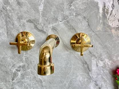 Handcrafted Brass Wall Mount Bathroom Faucet | Cross Handle Design | Unlacquered Finish | 8" Standard