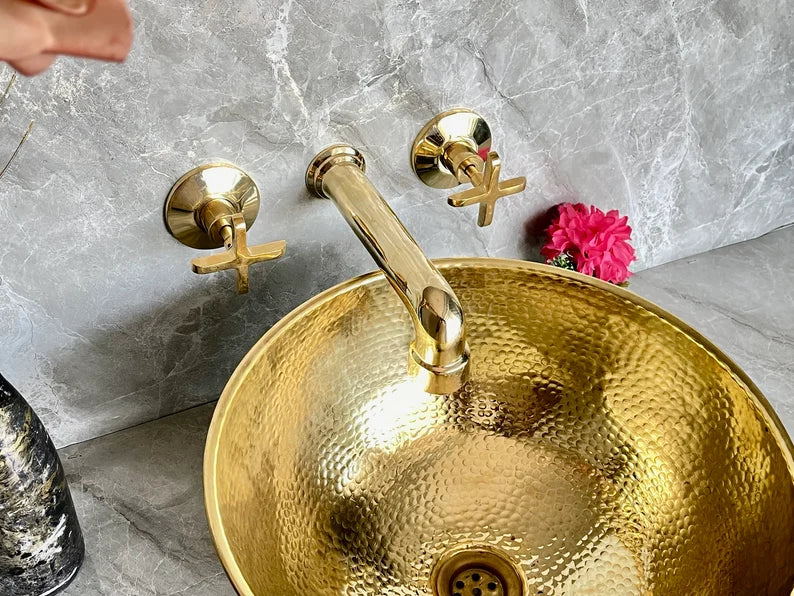 Handcrafted Brass Wall Mount Bathroom Faucet | Cross Handle Design | Unlacquered Finish | 8" Standard