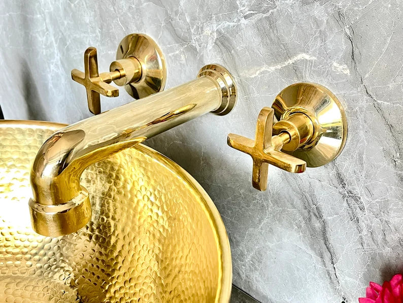 Handcrafted Brass Wall Mount Bathroom Faucet | Cross Handle Design | Unlacquered Finish | 8" Standard