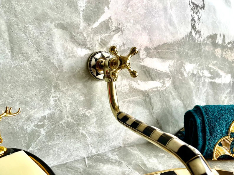 Antique Wall Mount Pot Filler Kitchen Faucet | Unlacquered Solid Brass | Handcrafted Moroccan Design | Single Handle