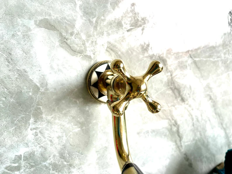 Antique Wall Mount Pot Filler Kitchen Faucet | Unlacquered Solid Brass | Handcrafted Moroccan Design | Single Handle